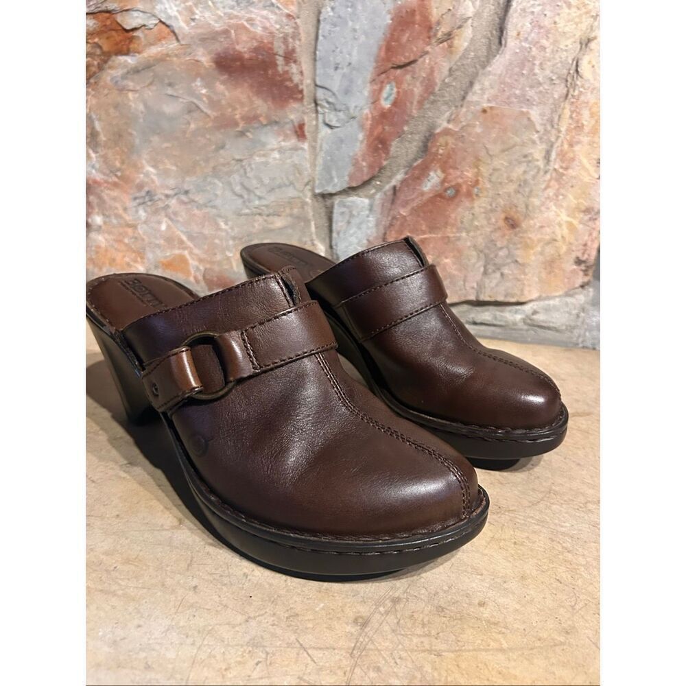 Born Emme Brown Leather Heeled Clogs Mules Buckle Detail Women's Size 10 / 42 W6